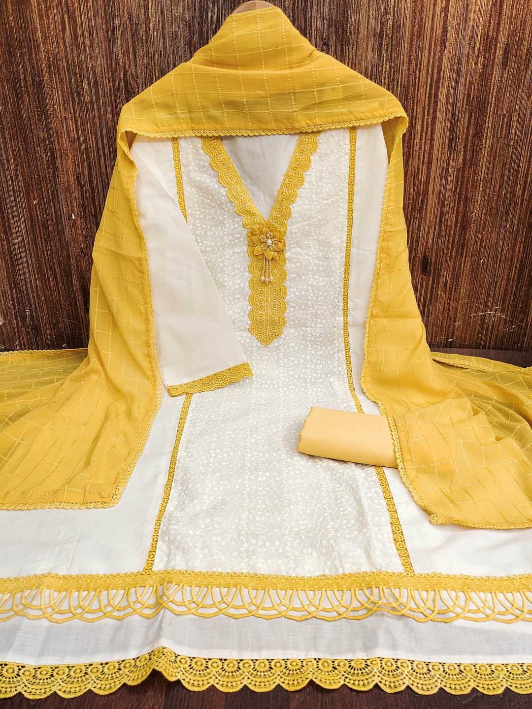 

Maroosh Floral Embroidered Cotton Unstitched Dress Material, White