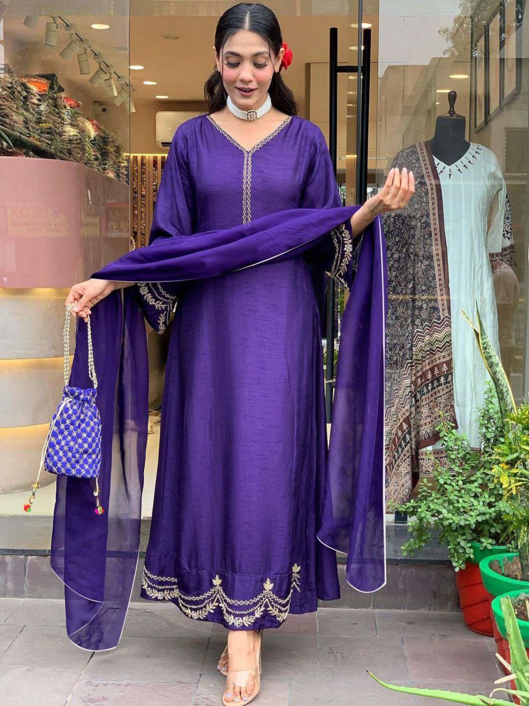 

Anni Designer Floral Embroidered V-Neck Thread Work Anarkali Kurta With Trousers & Dupatta, Purple