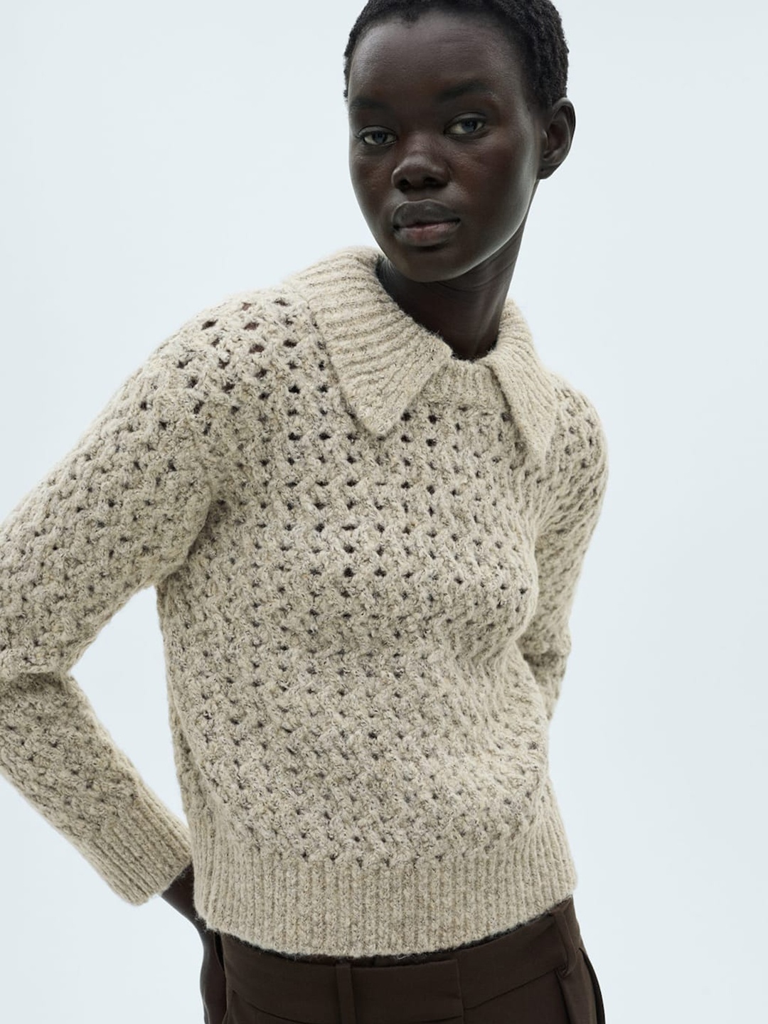 

MANGO Open Knit Shirt Collar Pullover, Beige