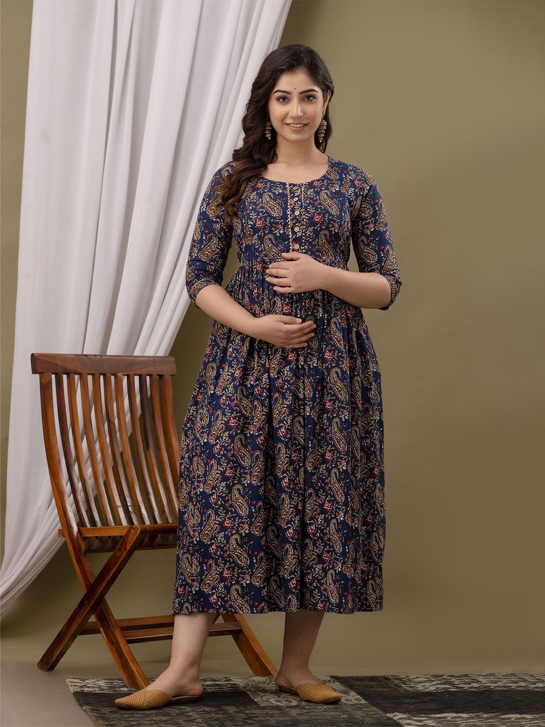 

mad fury Floral Printed Cotton Maternity Midi Dress, Blue