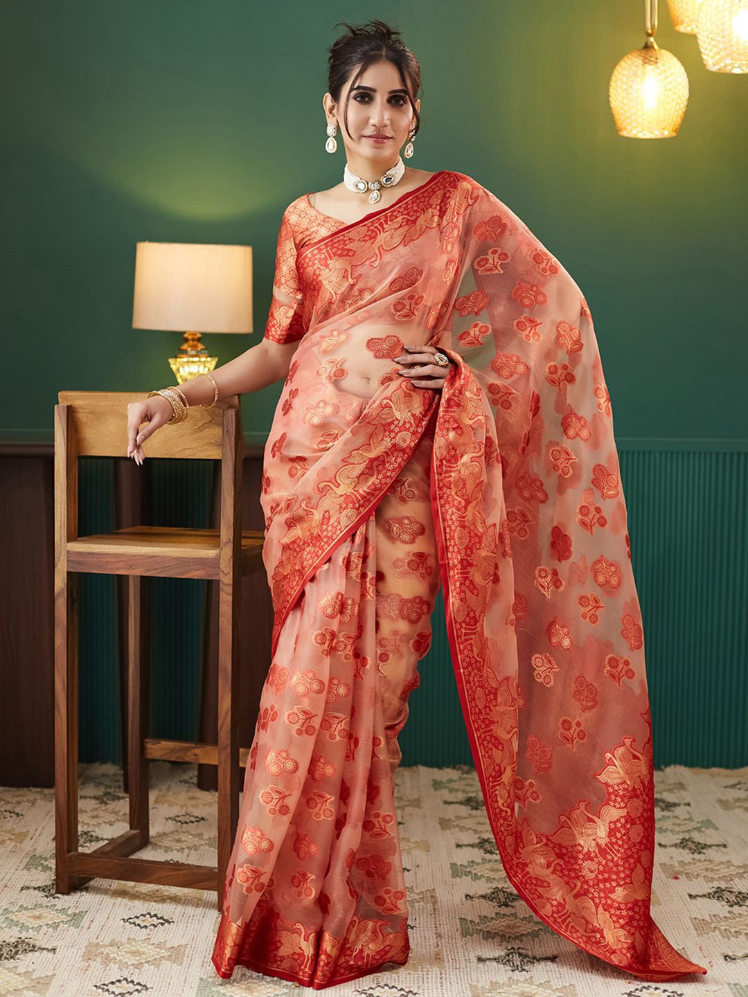 

Satrani Ethnic Motifs Woven Design Zari Organza Saree, Orange