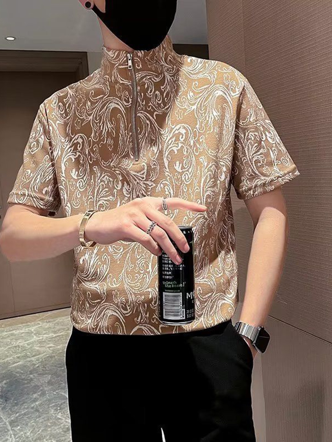 

StyleCast Men Printed Turtle Neck T-shirt, Beige