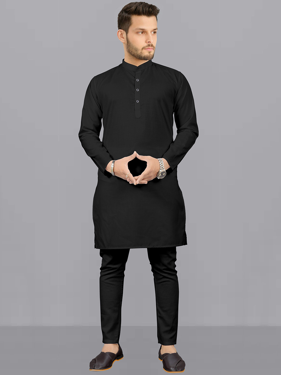

Fashion FRICKS Band Collar Long Sleeves Straight Kurta with Pyjamas, Black