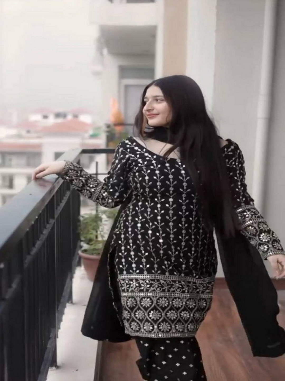 

ZEEPKART Women Ethnic Motifs Embroidered Regular Mirror Work Silk Georgette Kurti with Dhoti Pants & With, Black