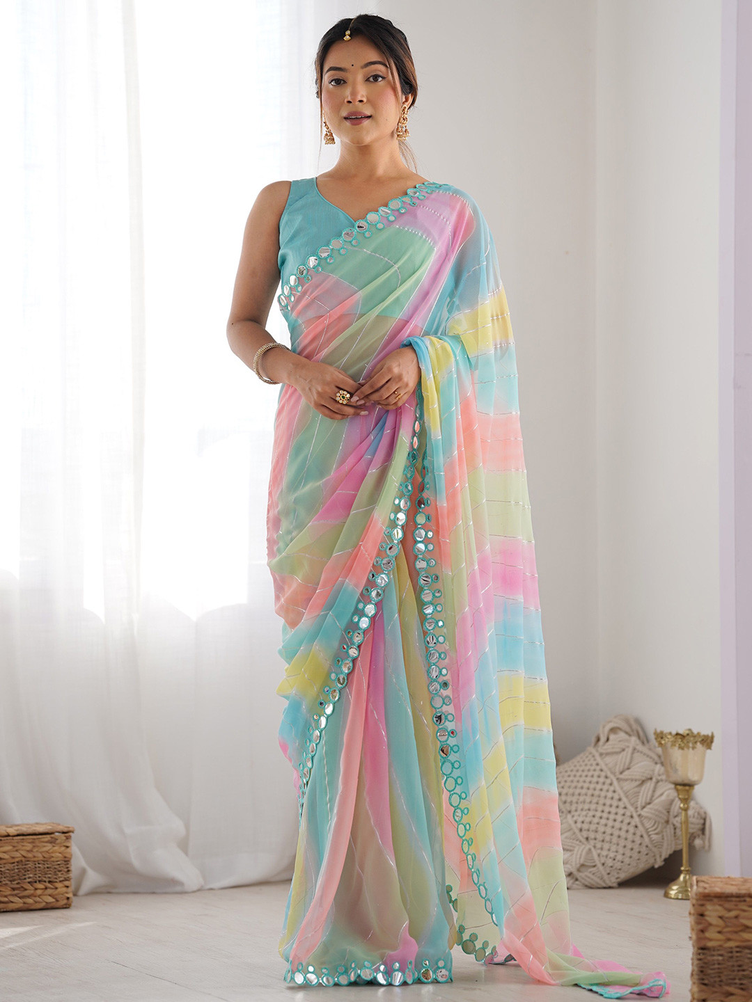

KSM PRINTS Striped Saree With Mirror Work, Pink