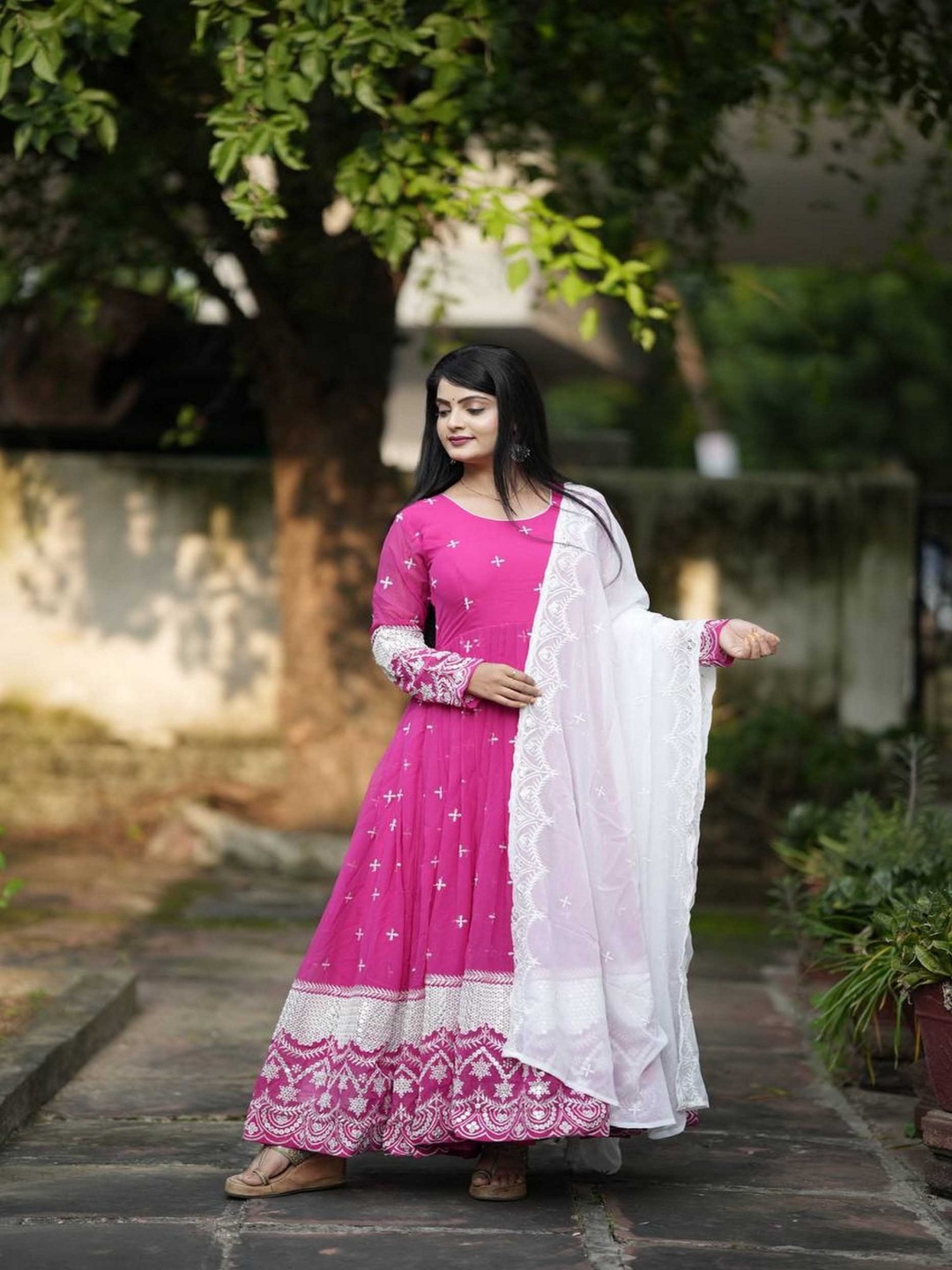 

ZEEPKART Women Silk Georgette Kurta with Dhoti Pants & With Dupatta, Pink