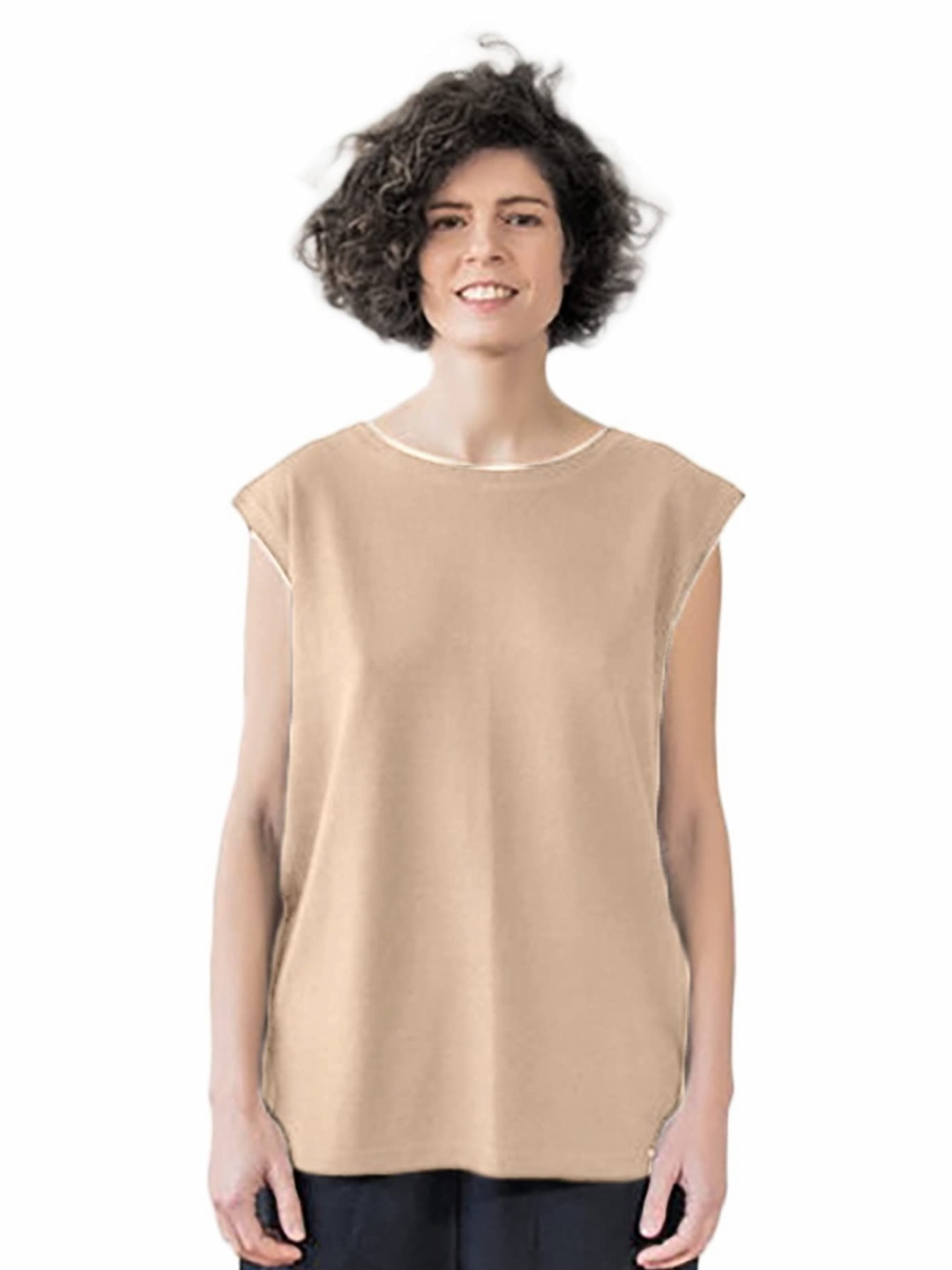 

NOTWILD Women Solid Round Neck Cotton T-shirt, Beige