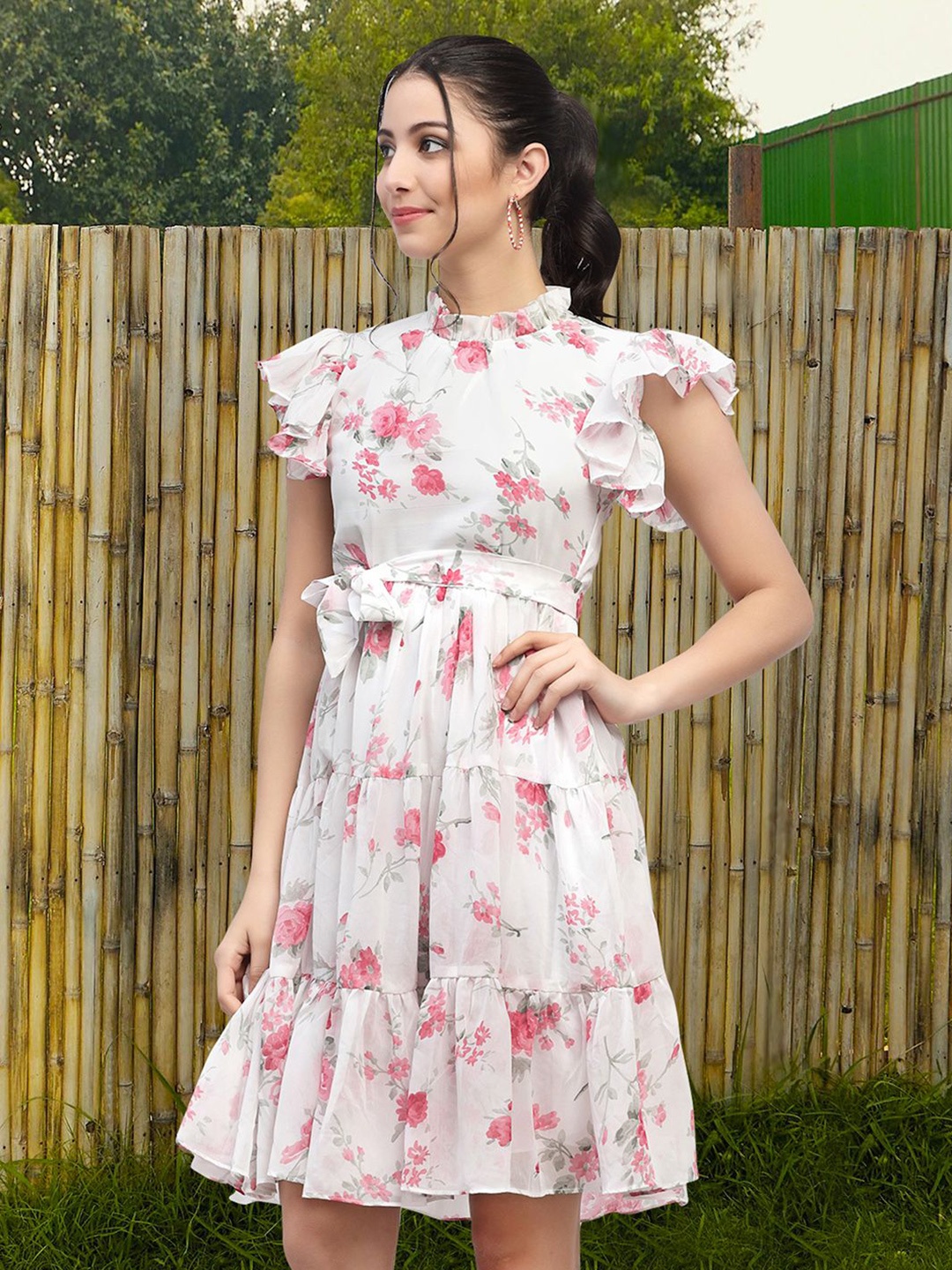 

MISS AYSE Floral Print Applique Fit & Flare Dress, Pink