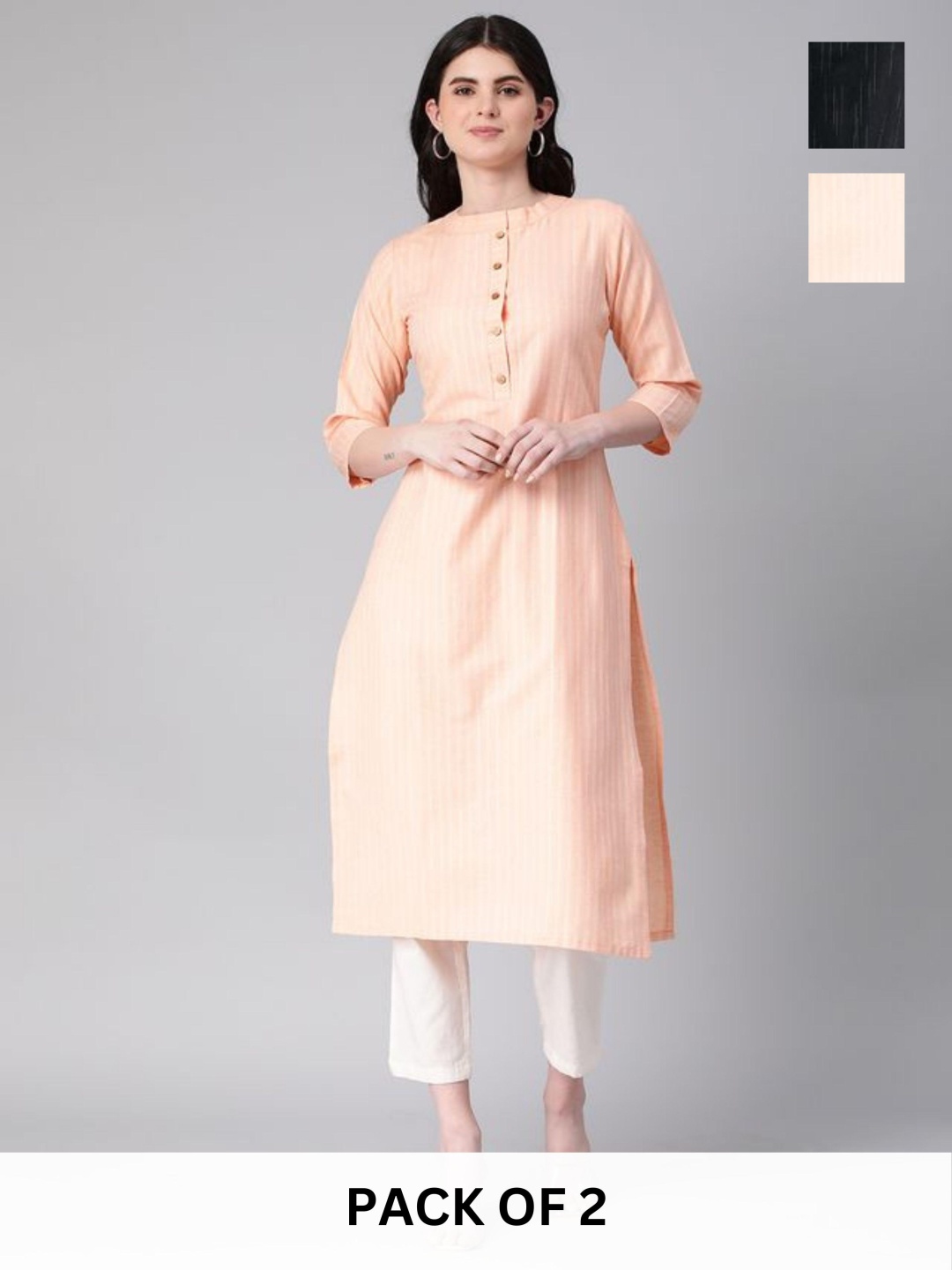 

KALINI Selection Of 2 Striped Mandarin Collar Straight Kurtas, Peach