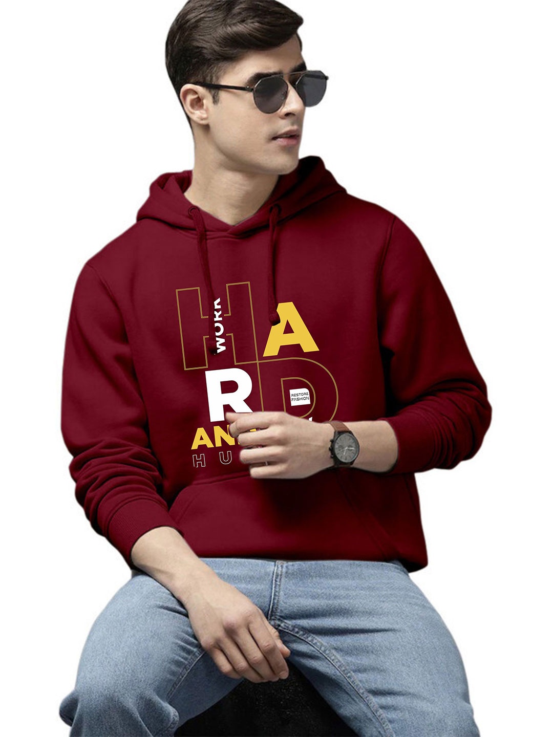 

WOOSTRO Men Printed Hooded Sweatshirt, Maroon