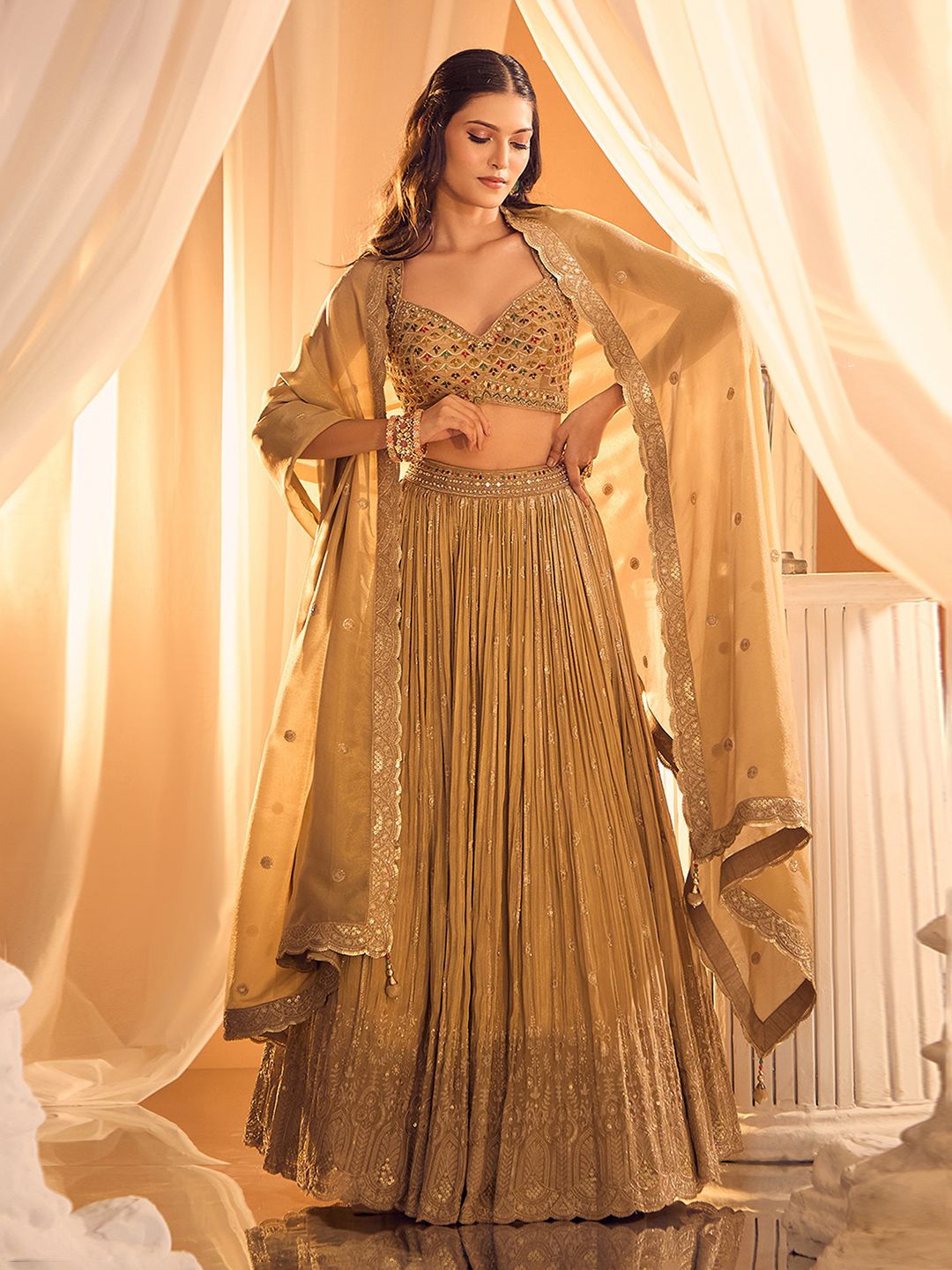 

Alaya Advani Embellished Sequinned Ready to Wear Lehenga & Blouse With Dupatta, Beige