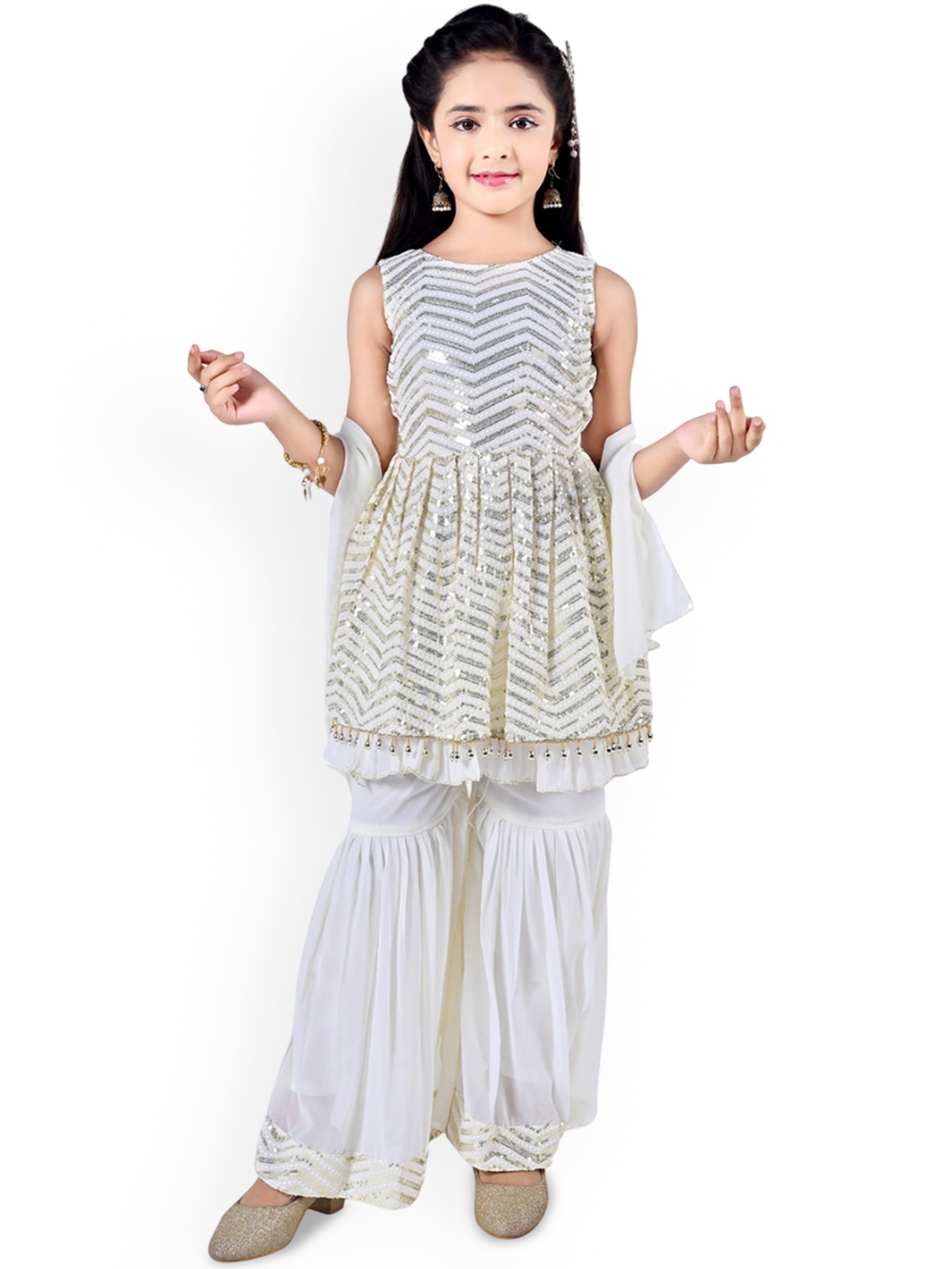 

Arshia Fashions Girls Embroidered Sequinned Georgette Anarkali Kurta & Sharara & Dupatta, White