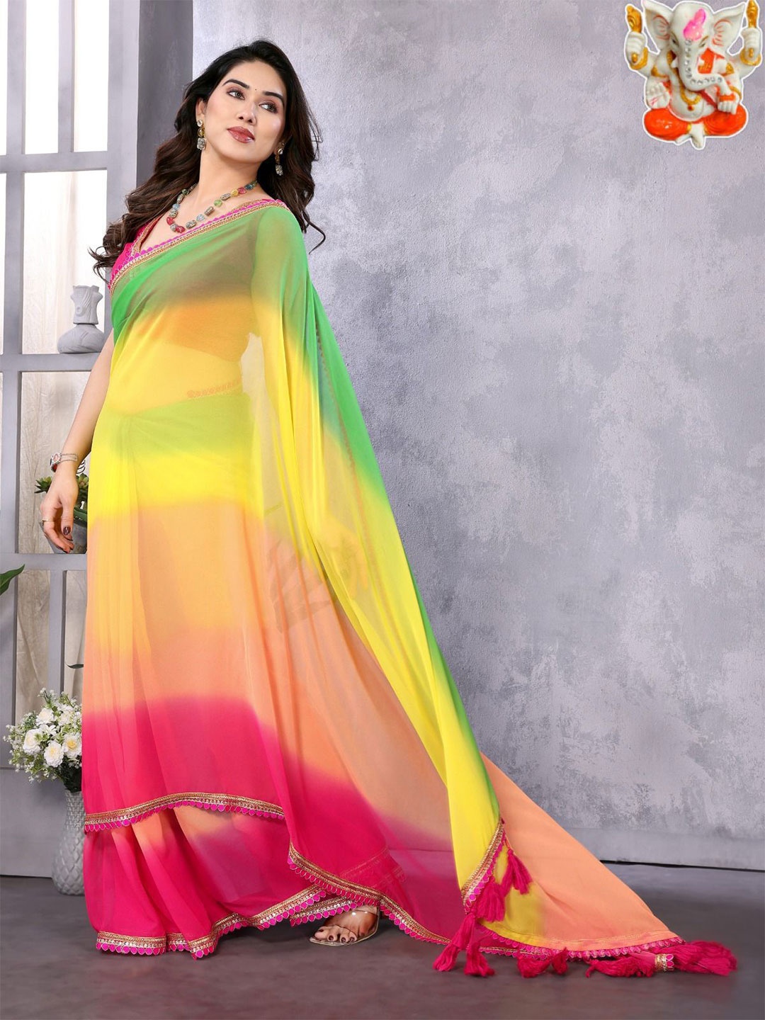 

PAYAL CREATION Colourblocked Sequinned Pure Georgette Saree, Yellow