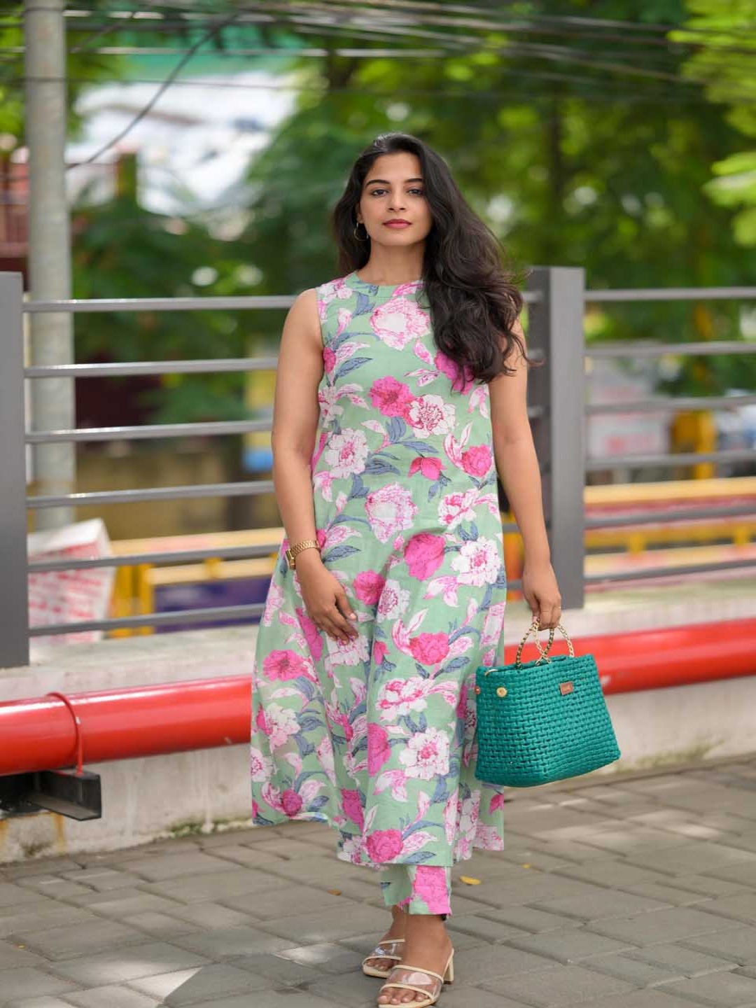 

Anni Designer Floral Printed Round Neck A-Line Kurta With Palazzos, Green