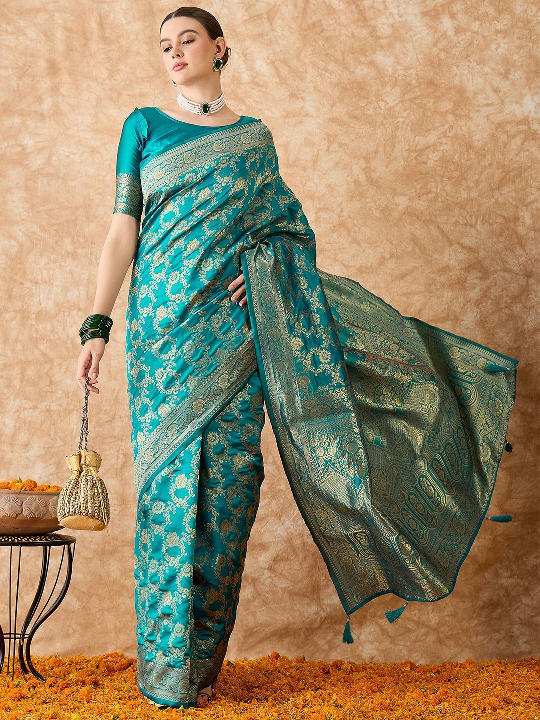 

MANVAA Woven Design Zari Silk Blend Banarasi Saree, Blue