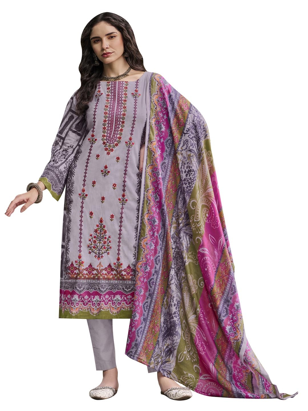 

DRAVINAM Trends Floral Embroidered Pure Cotton Unstitched Dress Material, Grey