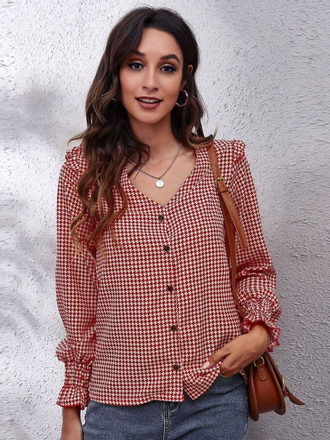 

Oh Rare Checked Roll-Up Sleeves Shirt Style Top, Red