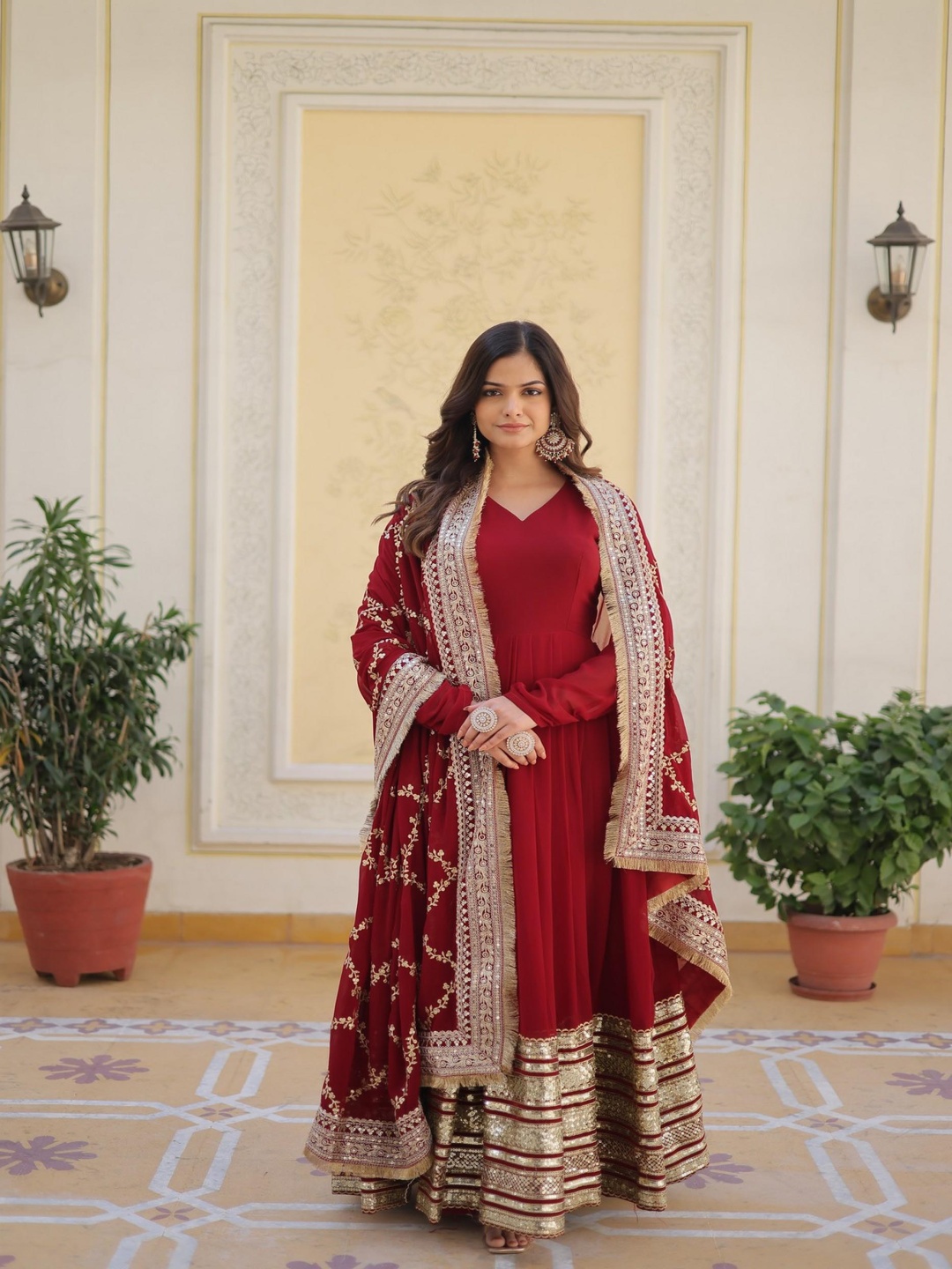 

mimi design Silk Georgette V-Neck Anarkali Kurta With Trousers & Dupatta, Maroon