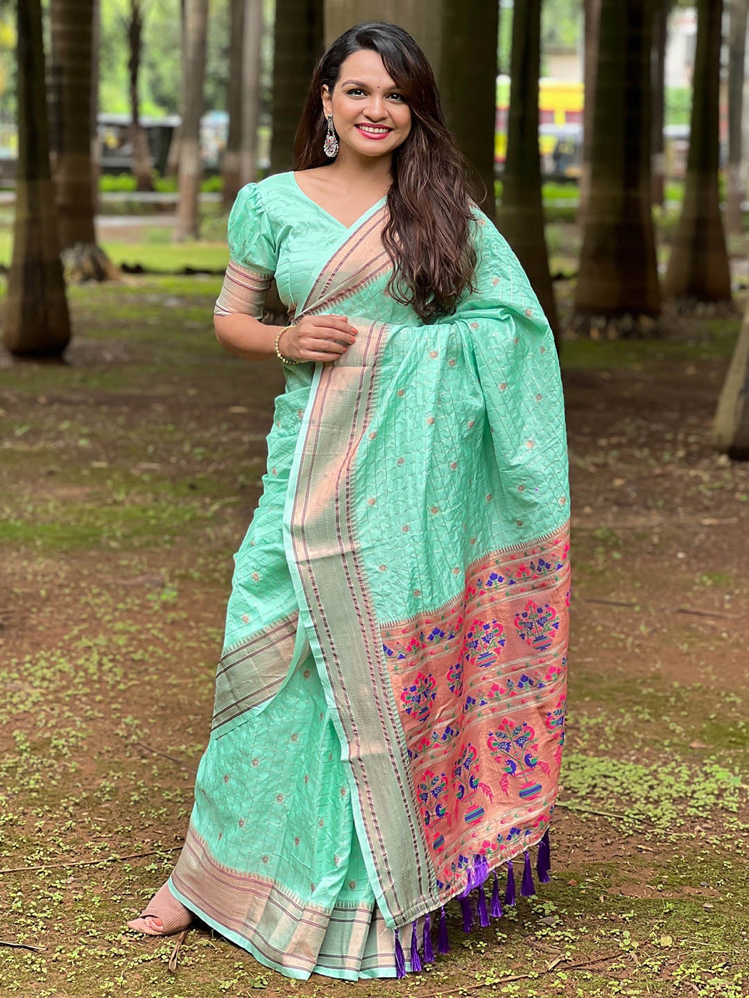 

Vintro Woven Design Zari Pure Silk Paithani Saree, Sea green