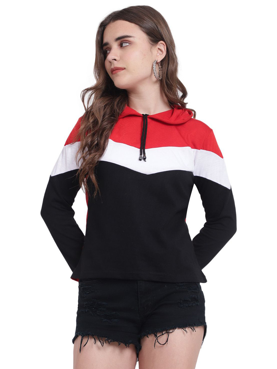 

DEEPMAYRA COLLECTION Women Colourblocked Hooded Cotton T-shirt, Red