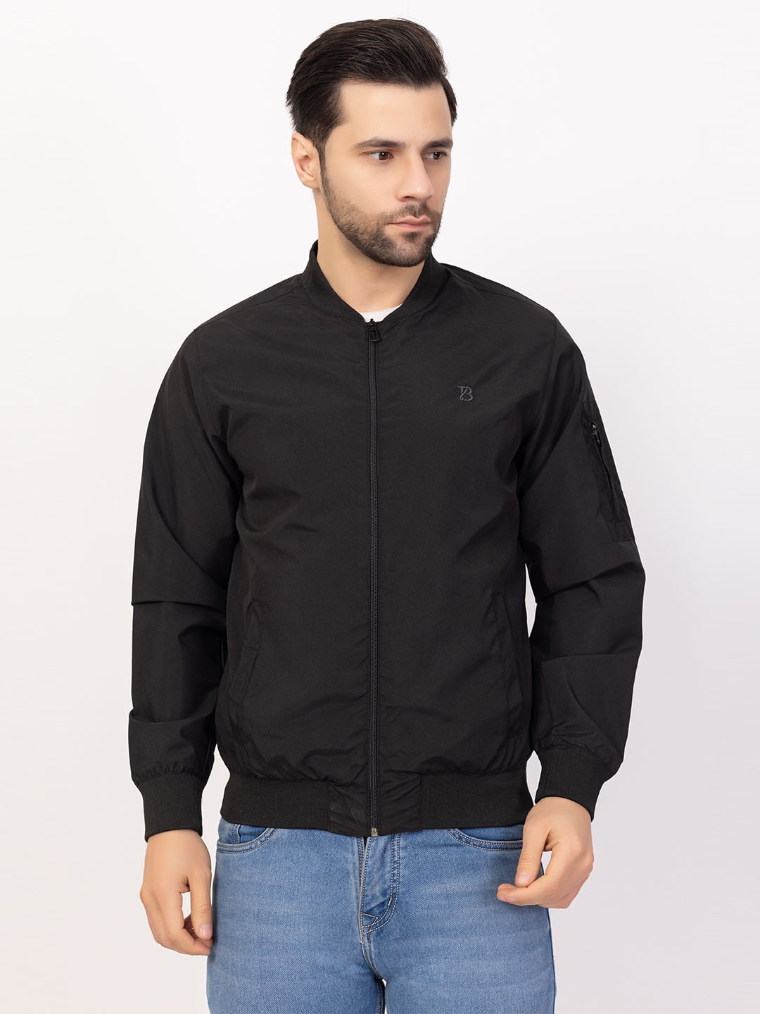 

GEE 5 Men Stand Collar Solid Casual Windcheater Bomber Jacket, Black