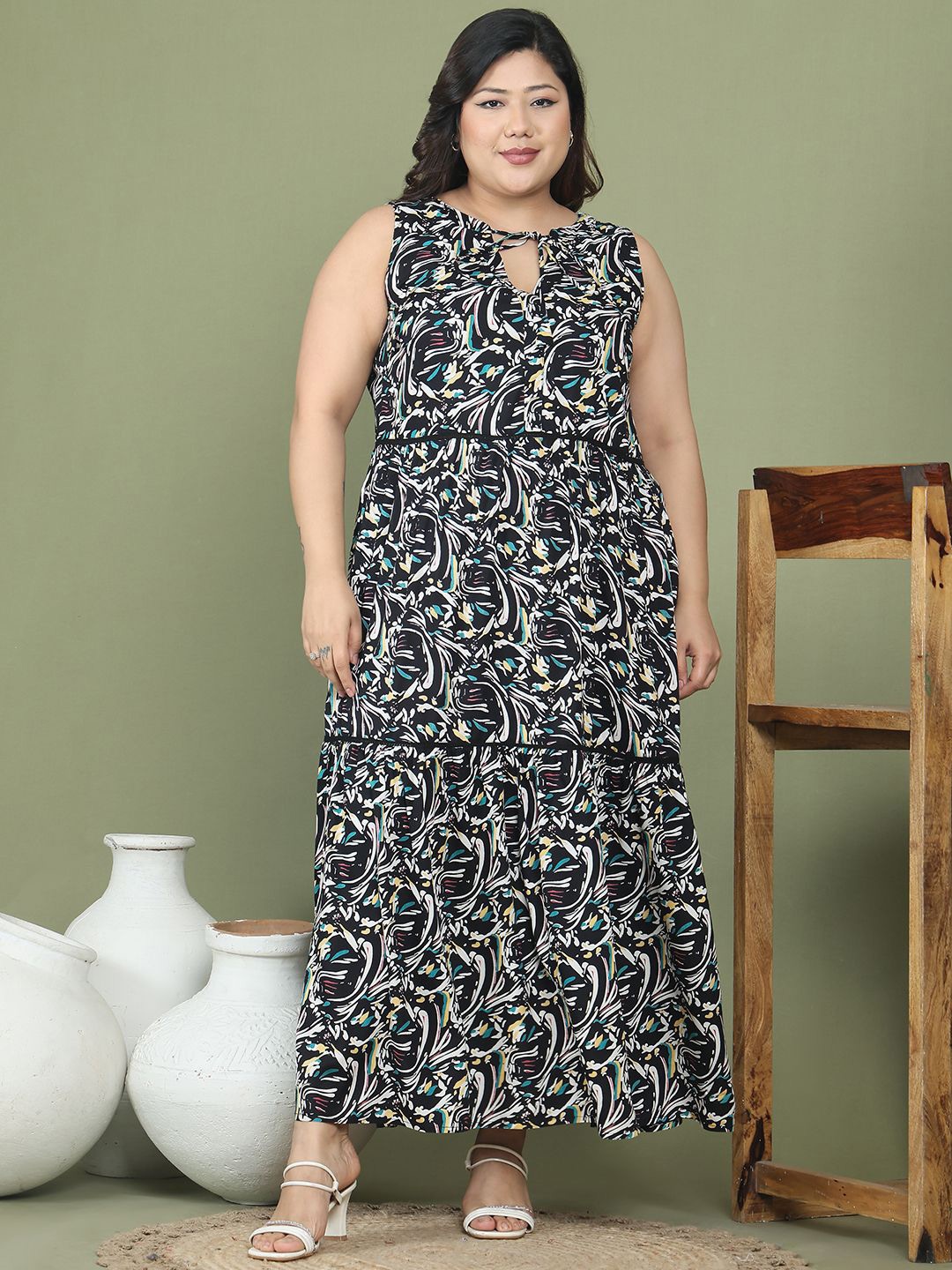 

theRebelinme Floral Print Tie-Up Neck A-Line Maxi Dress, Black