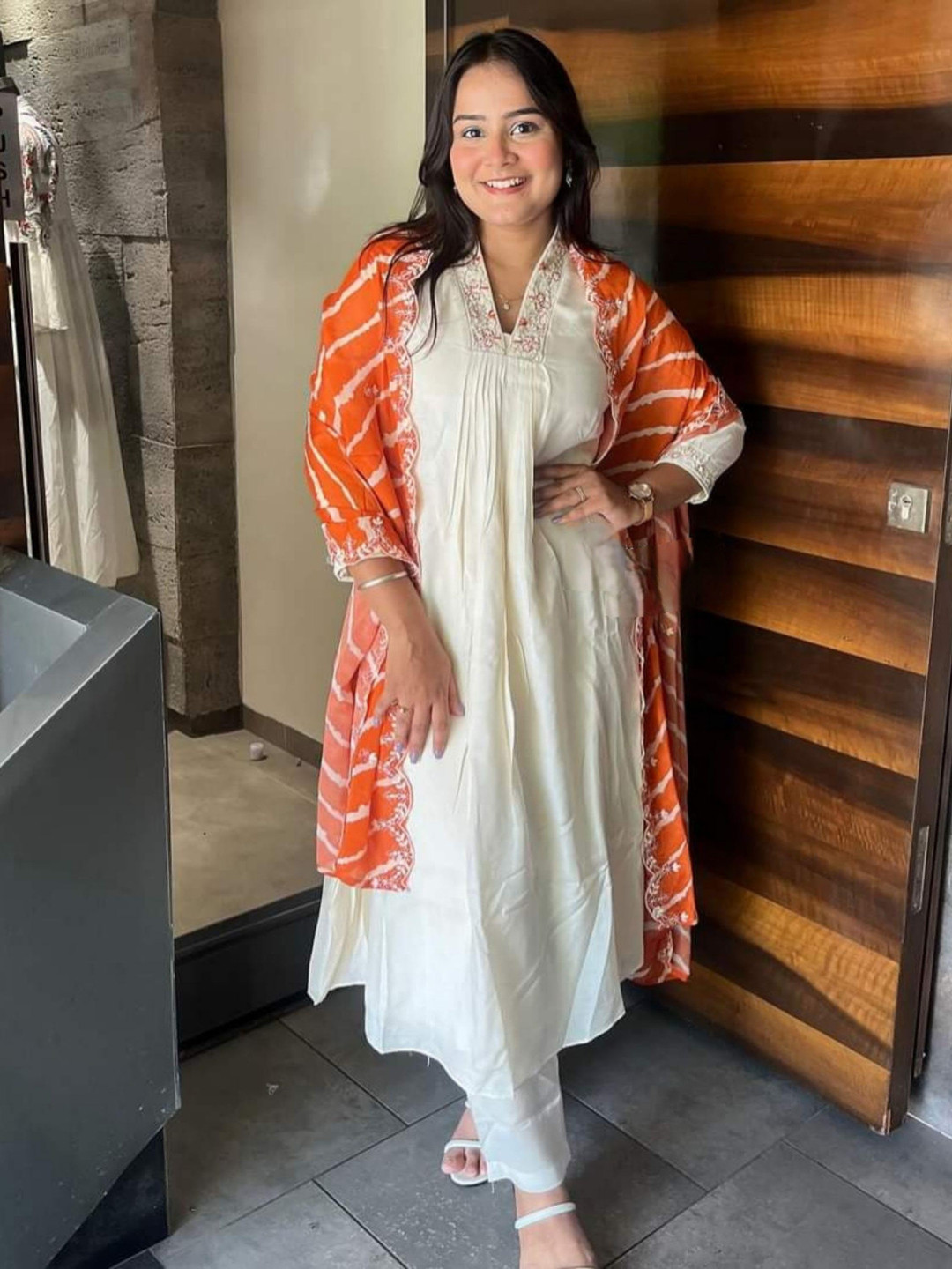 

KALINI Women Embroidered Regular Thread Work Chanderi Silk Kurta with Trousers & With Dupatta, White