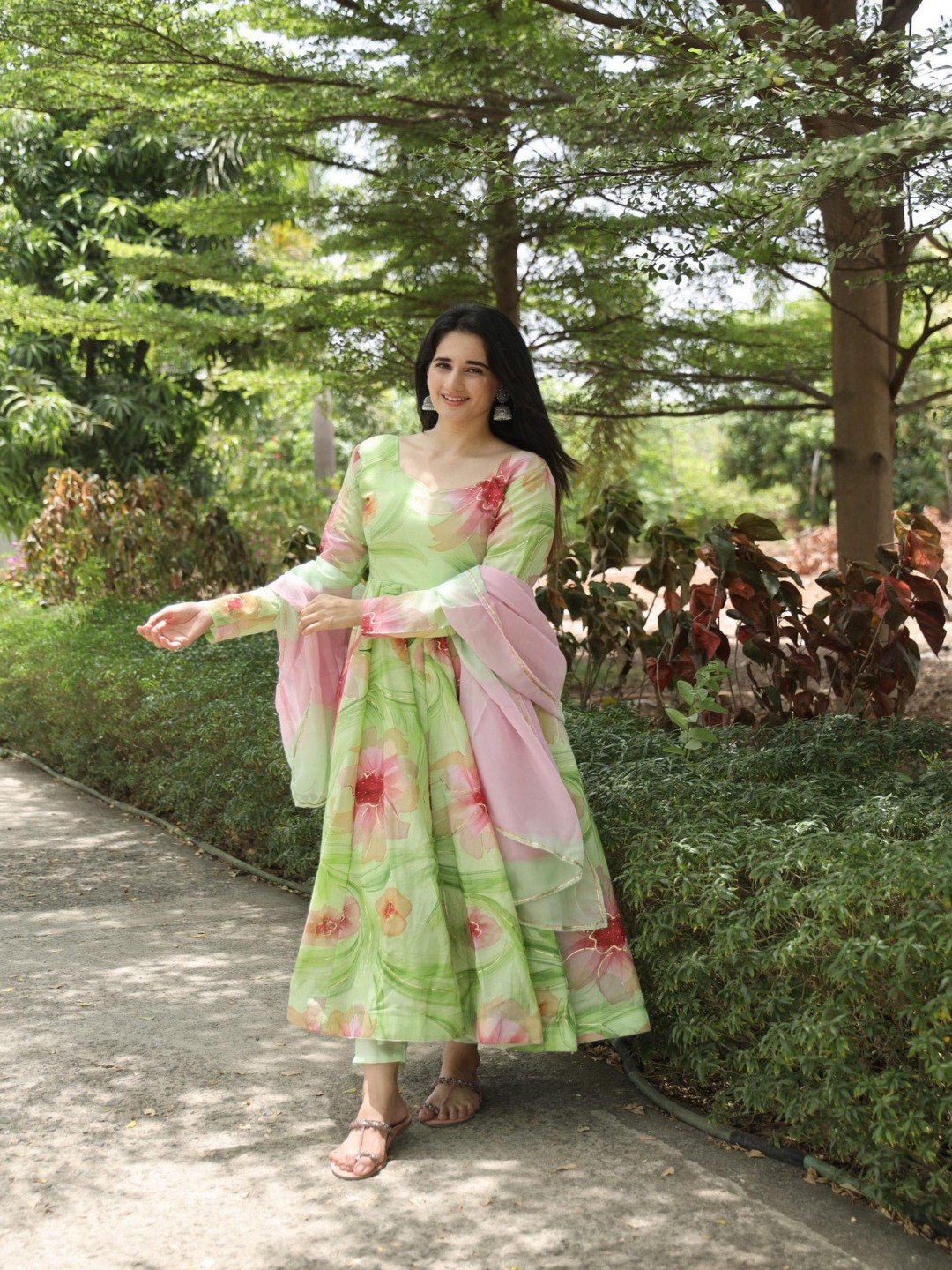 

mimi design Floral Printed Silk Blend Anarkali Kurta With Trousers & Dupatta, Olive