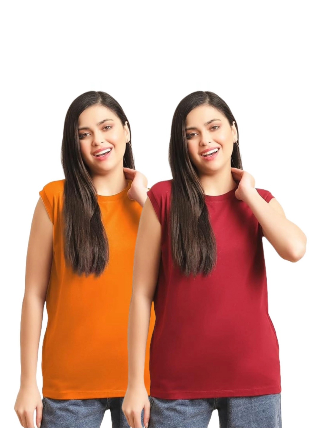 

NOTWILD Women Pack Of 2 Solid Round Neck Cotton Slim Fit T-shirts, Orange