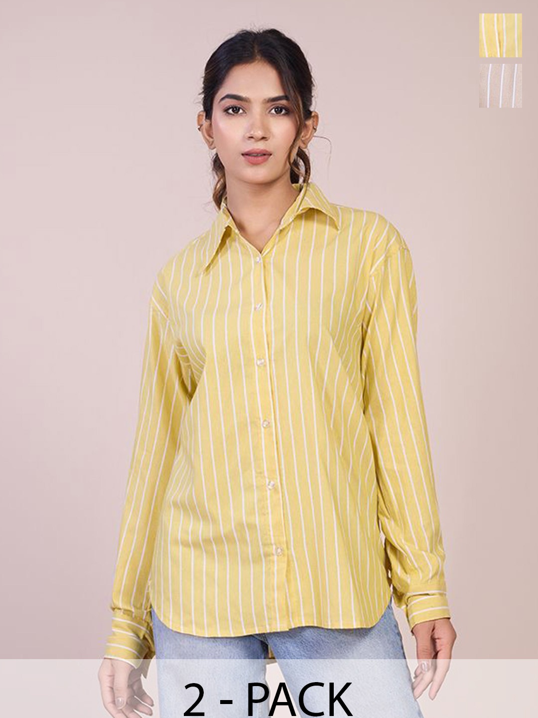 

HOUSE OF MIRA Women Pack Of 2 Classic Oversized Fit Vertical Striped Cotton Casual Shirts, Yellow