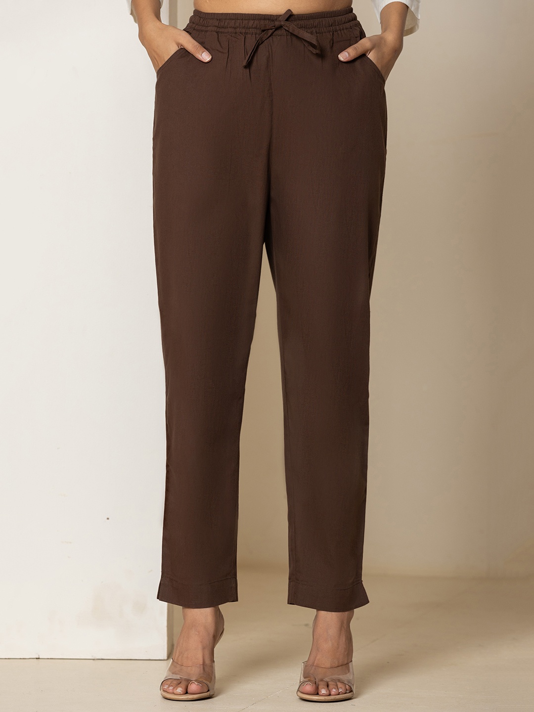 

Eco Clothing Women Pure Cotton Mid Rise Trouser, Coffee brown