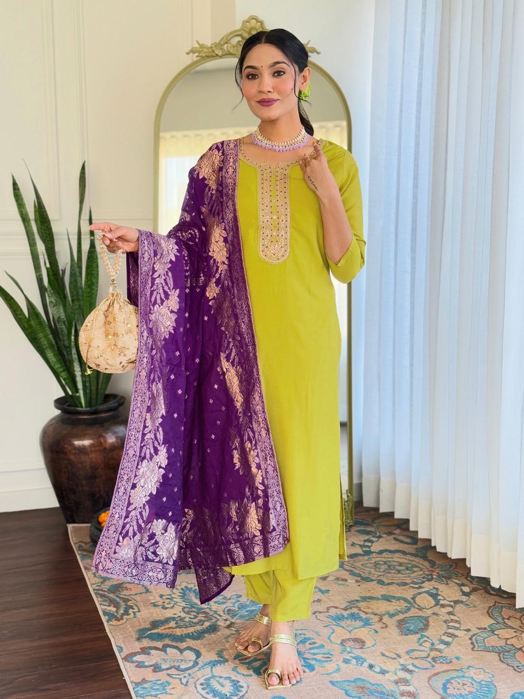 

KALINI Floral Yoke Design Notch Neck Sequinned Straight Kurta With Trousers And Dupatta, Lime green