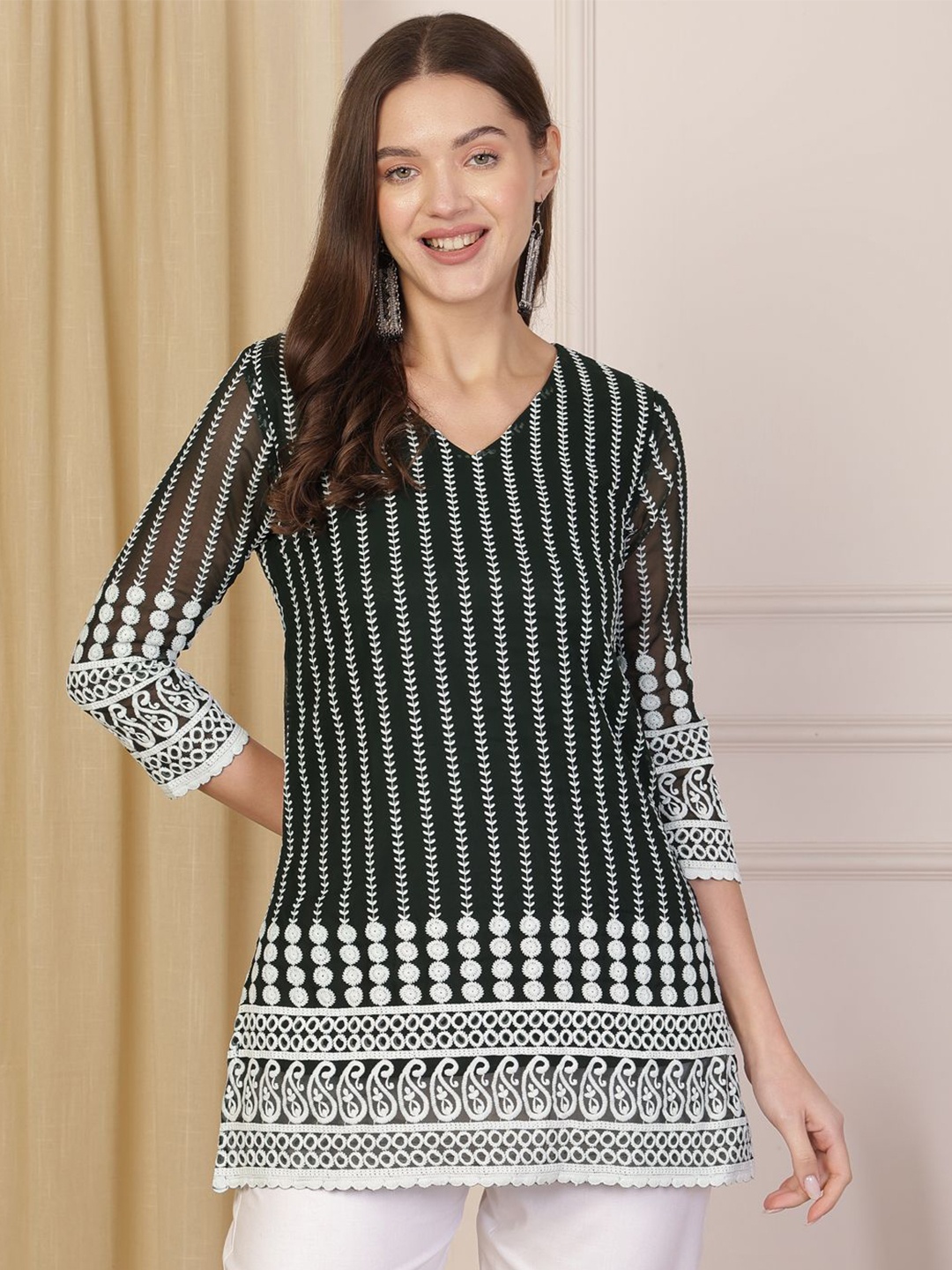 

AKIMIA Women Embroidered V-Neck Thread Work Pure Georgette Thread Work Kurti, Green
