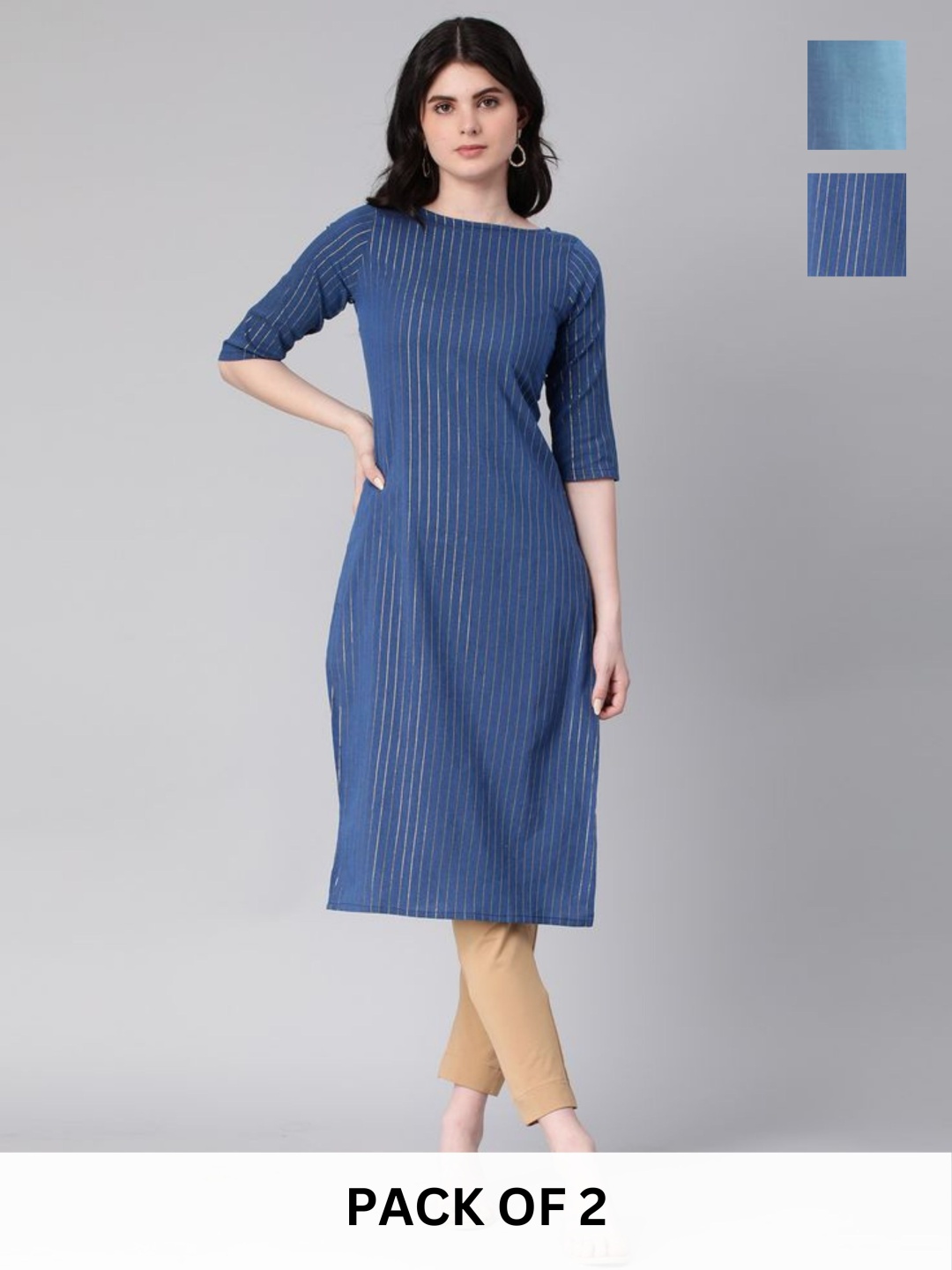 

KALINI Selection Of 2 Striped Boat Neck Straight Kurtas, Navy blue