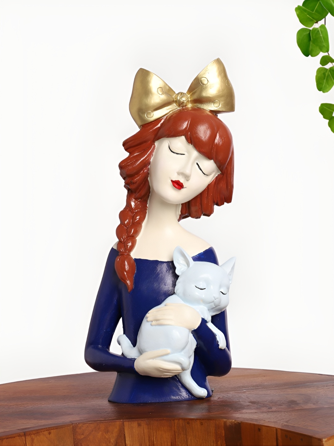 

INTERNATIONAL GIFT Decorative Showpiece Blue Bowknot Lady With Cat Figurine Showpiece