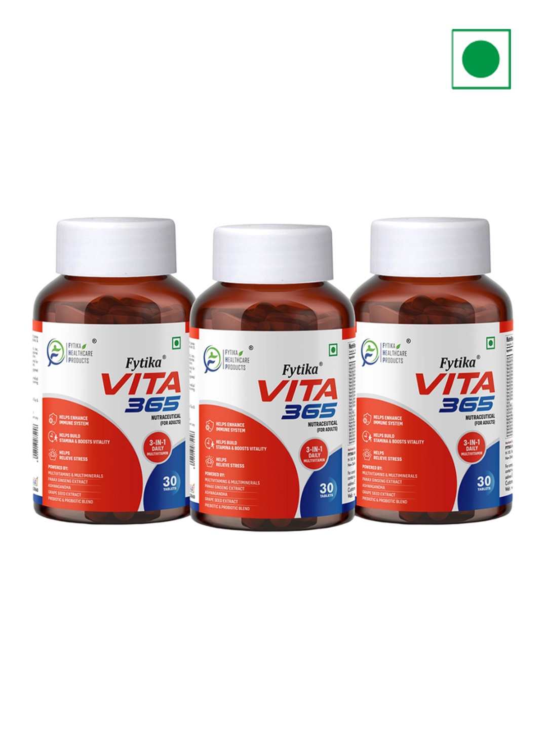 

FYTIKA Set Of 3 Vita 365 3 in 1 Multivitamin Manages Stress - 60 Tablets Each, Red