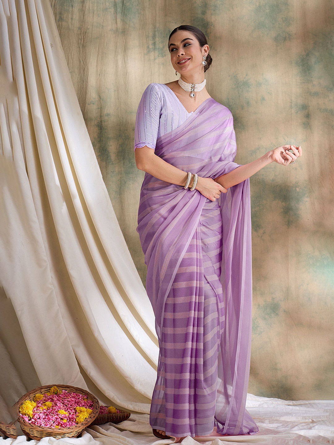 

Maroosh Striped Zari Banarasi Saree, Lavender