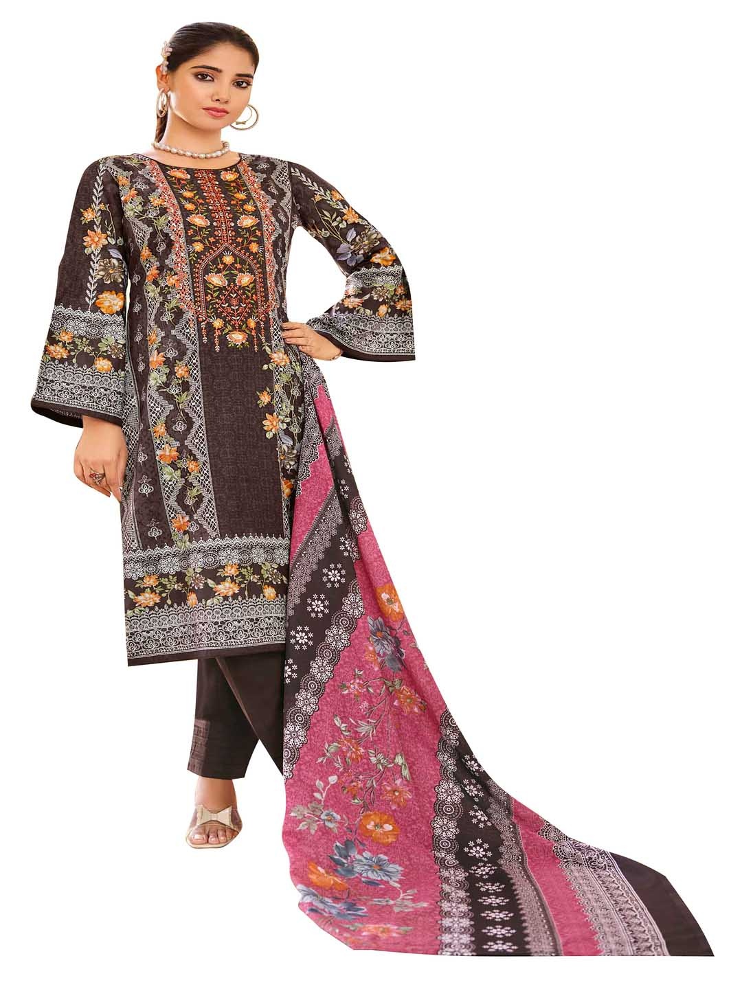 

DRAVINAM Trends Ethnic Motifs Embroidered Pure Cotton Unstitched Dress Material, Brown