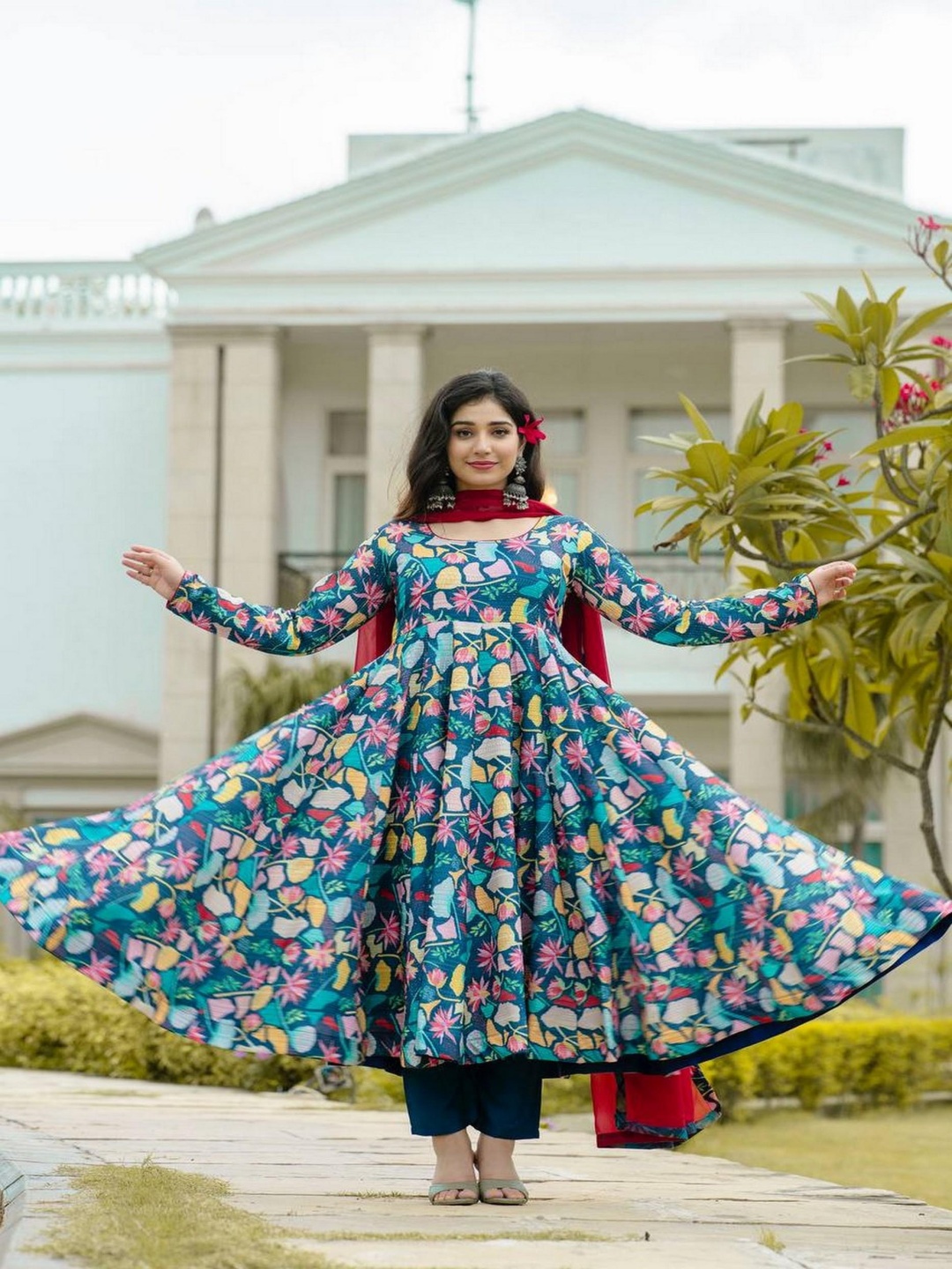 

mimi design Floral Printed Silk Blend Anarkali Kurta With Trousers & Dupatta, Blue