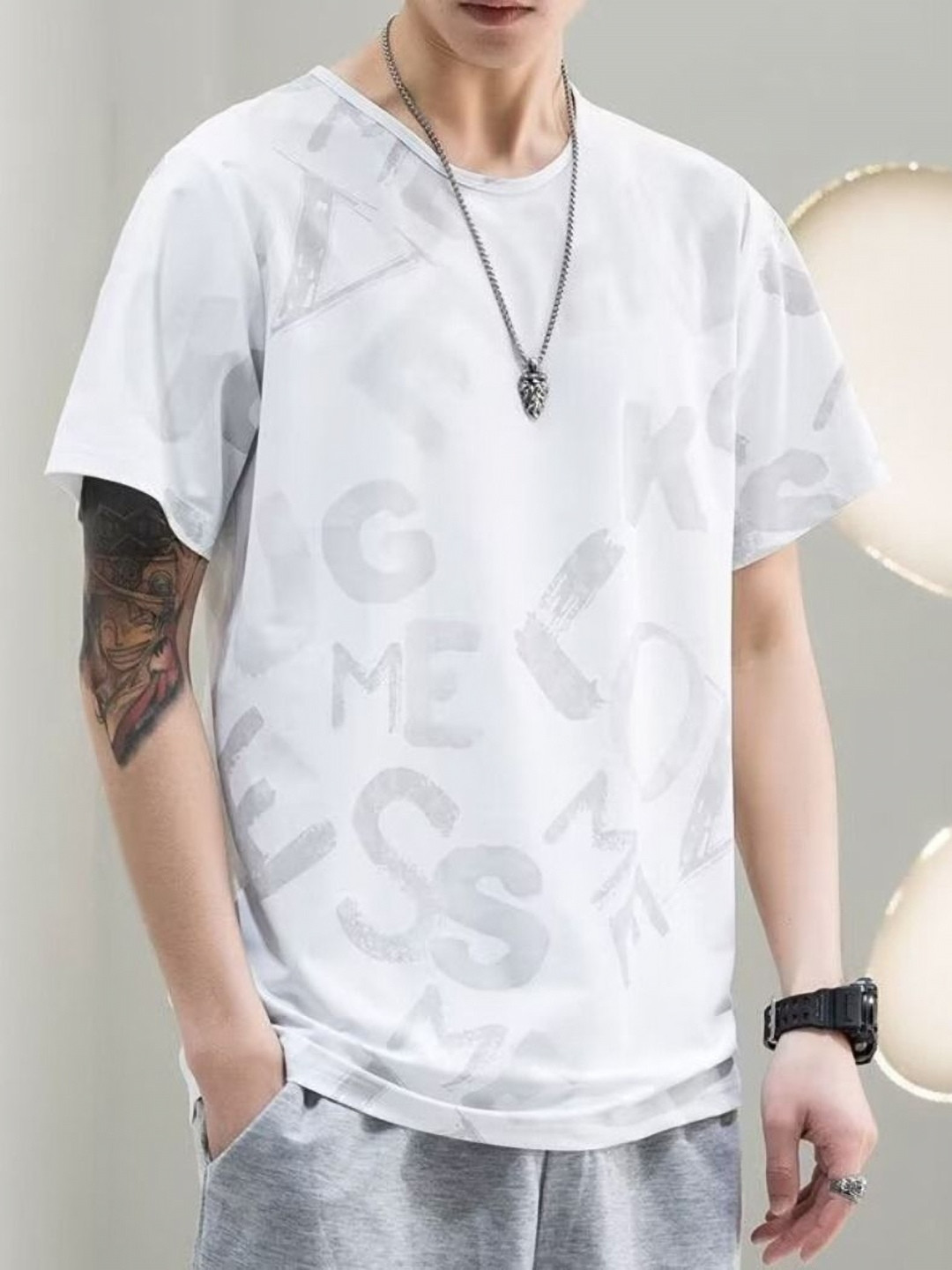 

StyleCast Men Typography Printed Round Neck Silk Oversized T-shirt, White