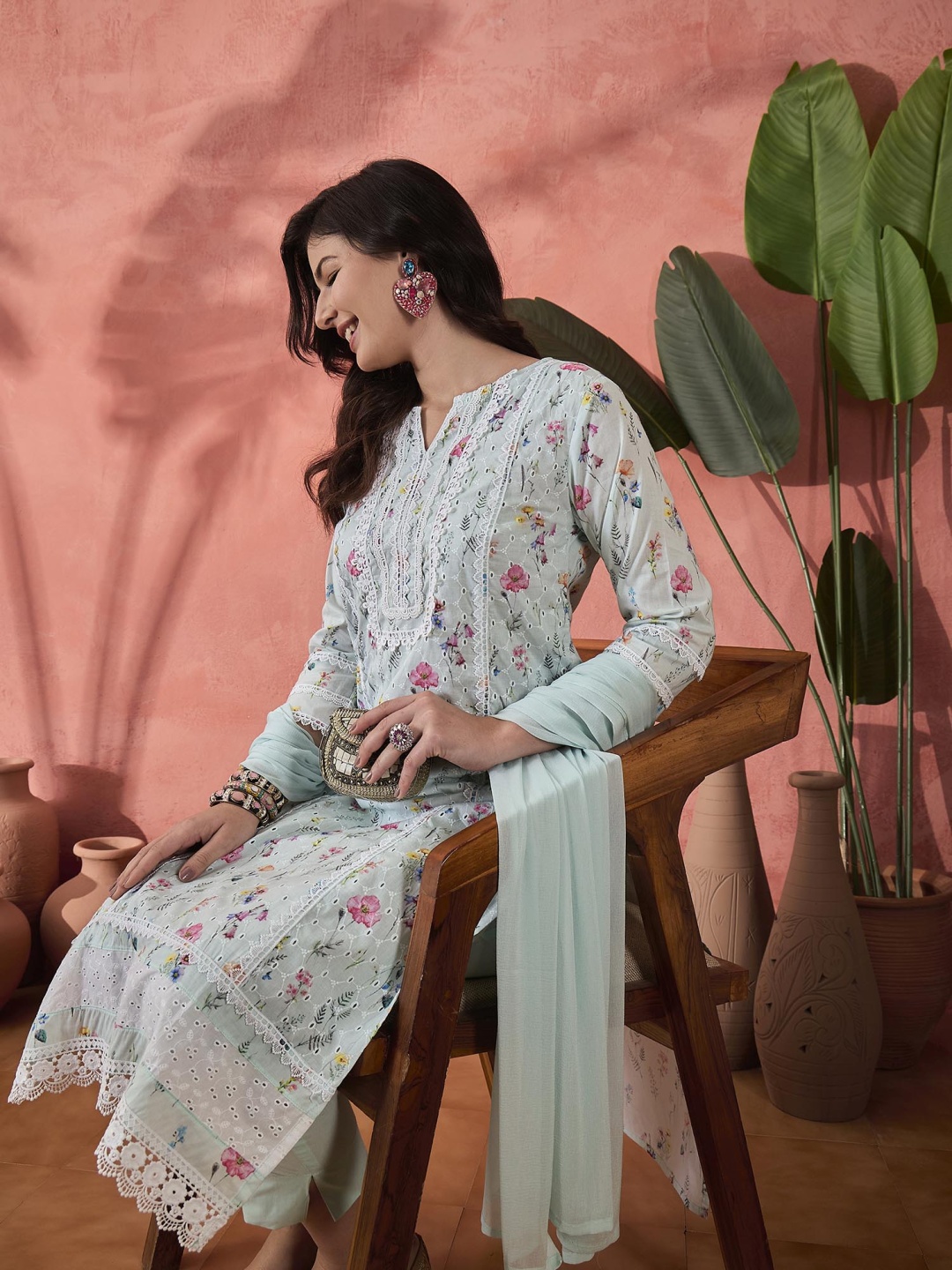 

Sangria Green Floral Printed Pure Cotton Kurta With Trouser And Dupatta