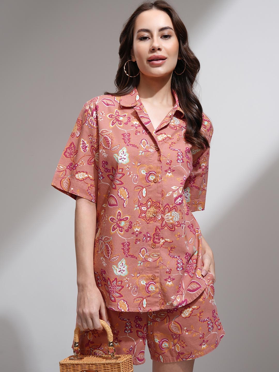 

Tokyo Talkies Floral Printed Pure Cotton Shirt And Shorts, Rust