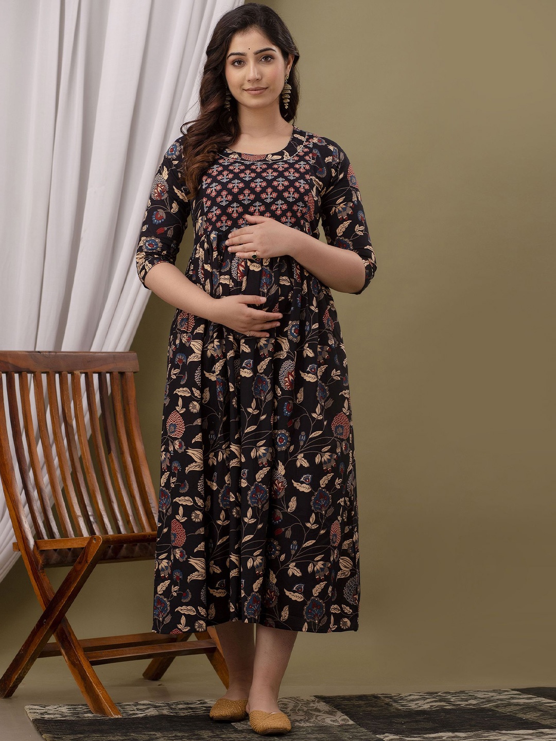 

mad fury Women Floral Printed Maternity Cotton Fit and Flare Midi Dress, Black