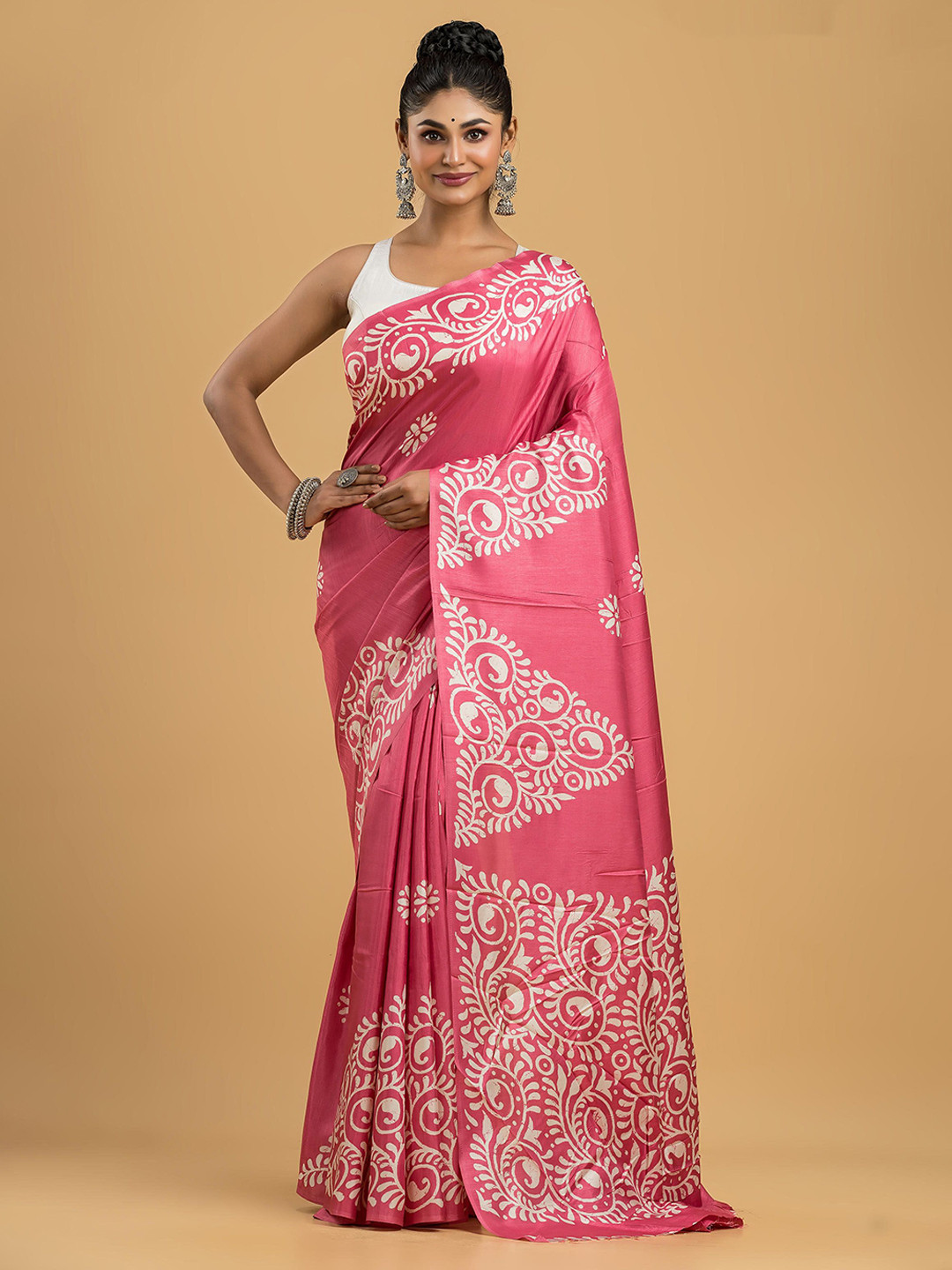 

Dheu Batik Block Printed Saree, Pink