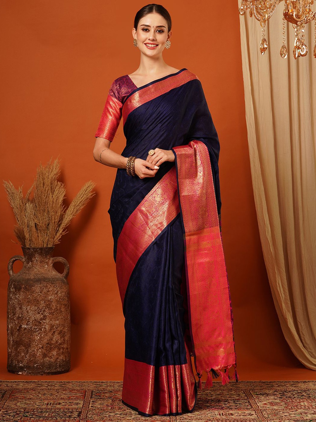 

VILLAGIUS Woven Design Zari Pure Silk Banarasi Saree, Navy blue