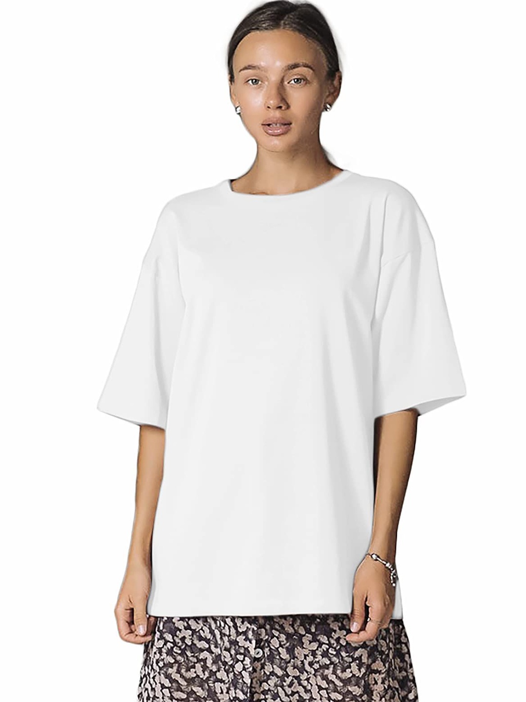 

NOTWILD Women Solid Round Neck Cotton Oversized T-shirt, White