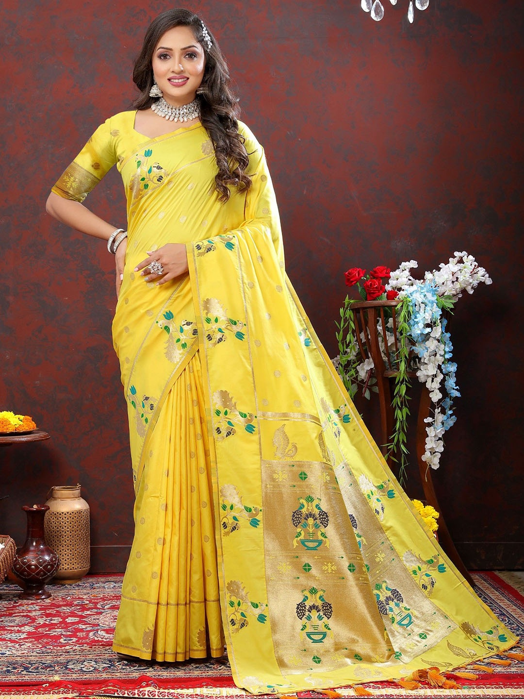 

LeeliPeeri Designer Woven Design Zari Silk Blend Paithani Saree, Yellow