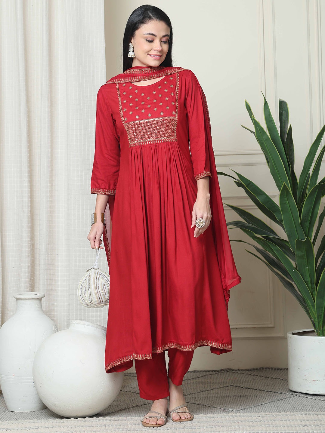 

Rajnandini Ethnic Motifs Embroidered A-Line Kurta With Trousers & Dupatta, Maroon