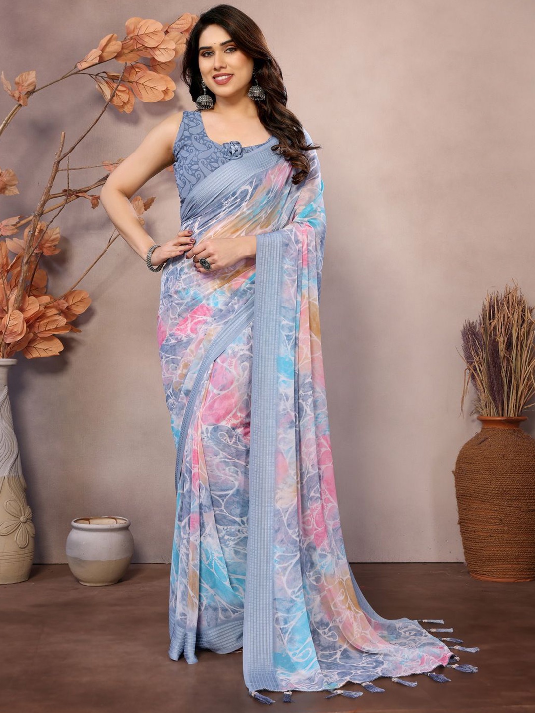 

PEORA'S CLOSET Poly Georgette Leheriya Saree, Grey