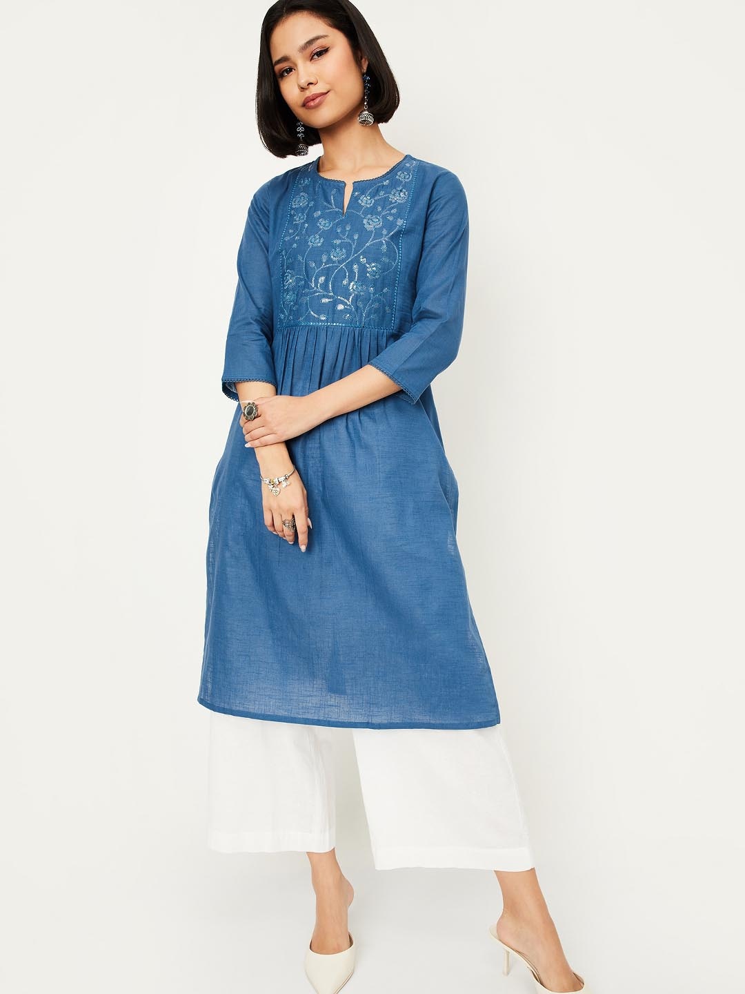 

max Sequinned Pleated Notch Neck Pure Cotton A-Line Kurta, Blue